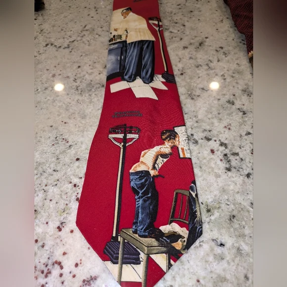 Norman Rockwell Set Of 2 Red Neckties with Classic Illustrations 100% Silk - Picture 4 of 7